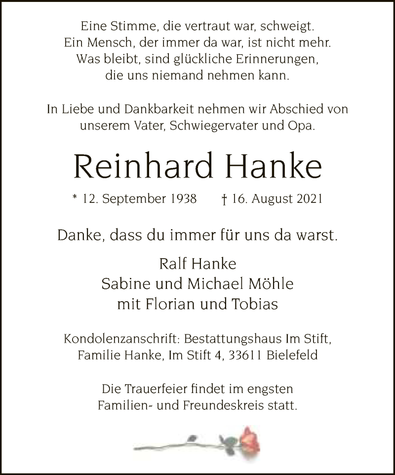  Traueranzeige für Reinhard Hanke vom 21.08.2021 aus Neue Westfälische