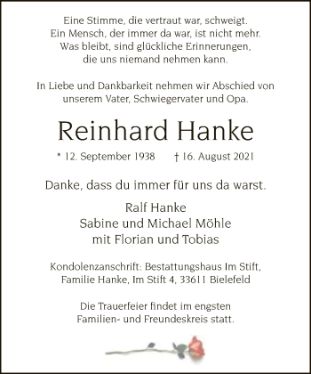 Traueranzeige von Reinhard Hanke von Neue Westfälische
