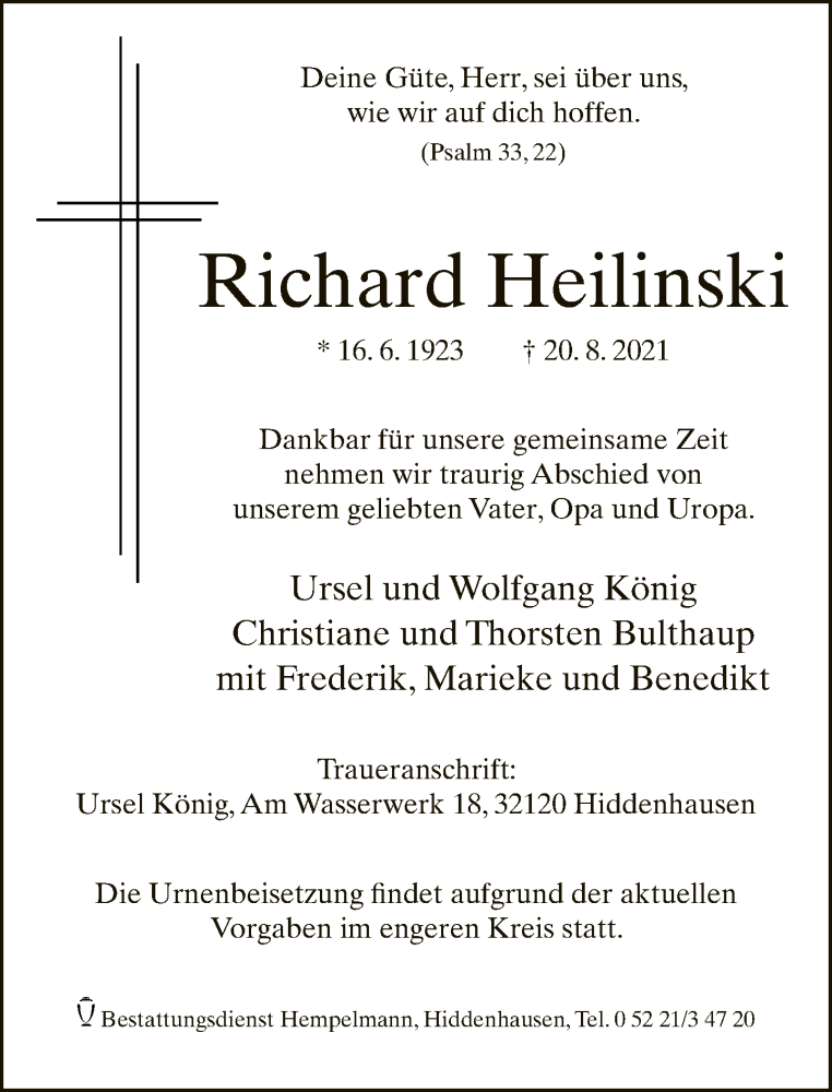  Traueranzeige für Richard Heilinski vom 25.08.2021 aus Neue Westfälische