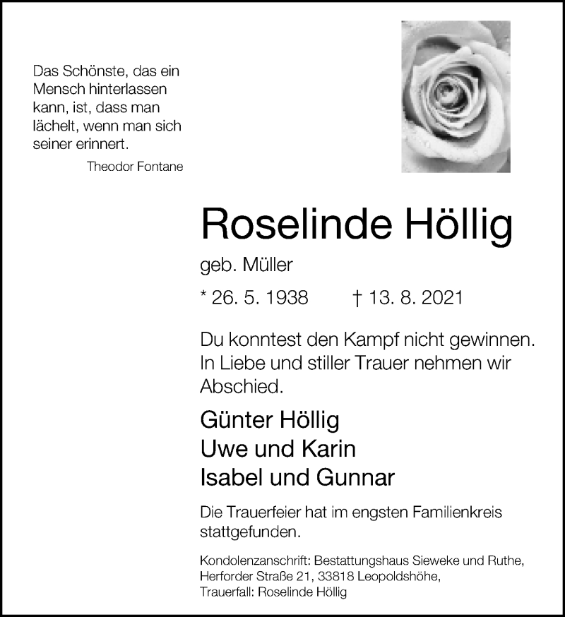  Traueranzeige für Roselinde Höllig vom 25.08.2021 aus Neue Westfälische