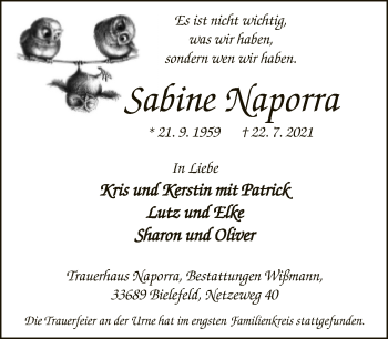 Traueranzeige von Sabine Naporra von Neue Westfälische
