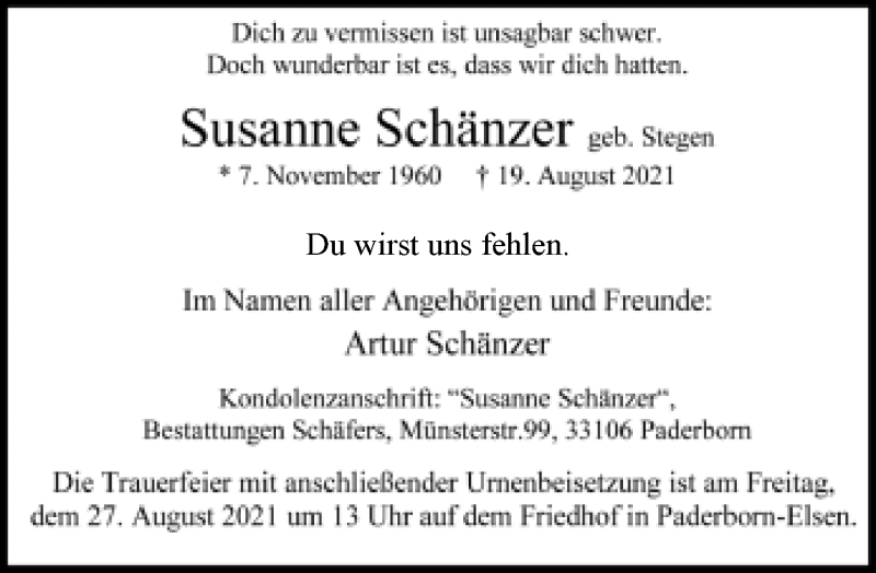  Traueranzeige für Susanne Schänzer vom 21.08.2021 aus Neue Westfälische