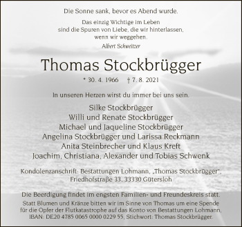 Traueranzeige von Thomas Stockbrügger von Neue Westfälische