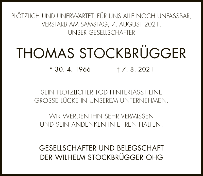  Traueranzeige für Thomas Stockbrügger vom 14.08.2021 aus Neue Westfälische