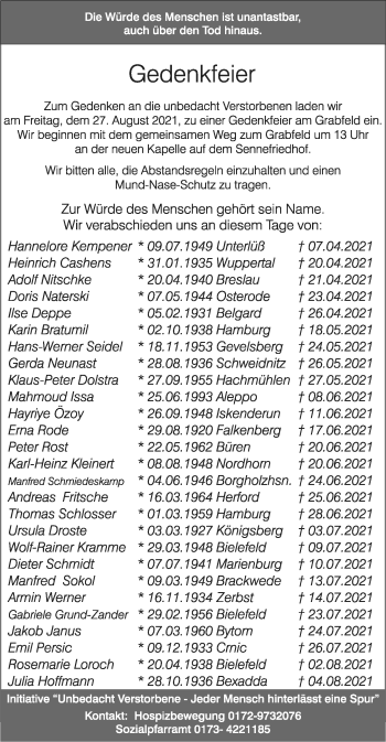 Traueranzeige von Totentafel vom 20.08.2021 von Neue Westfälische