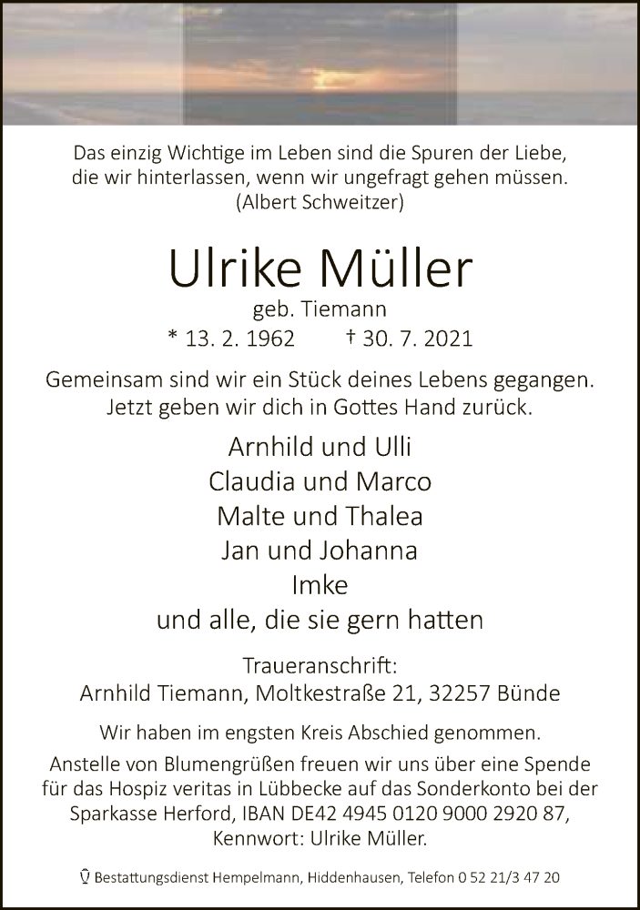  Traueranzeige für Ulrike Müller vom 07.08.2021 aus Neue Westfälische
