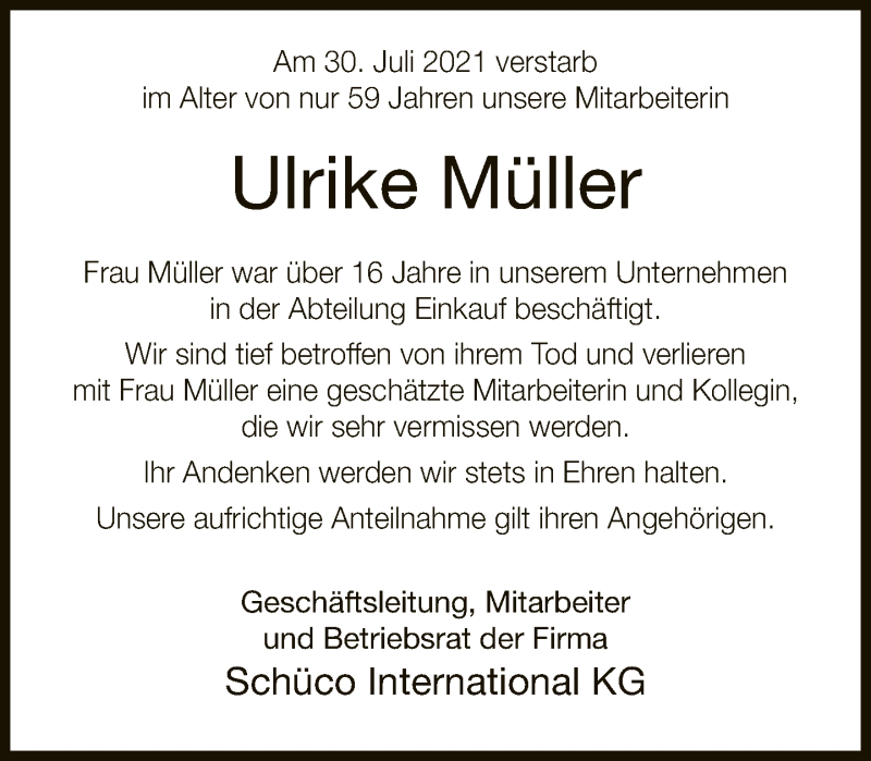  Traueranzeige für Ulrike Müller vom 07.08.2021 aus Neue Westfälische