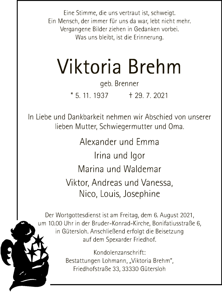  Traueranzeige für Viktoria Brehm vom 04.08.2021 aus Neue Westfälische