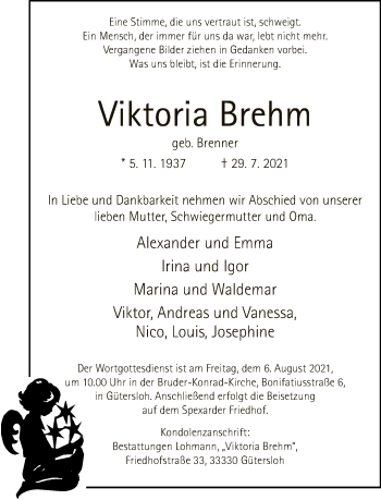 Traueranzeige von Viktoria Brehm von Neue Westfälische