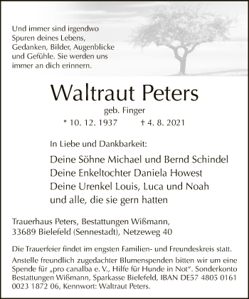 Traueranzeige von Waltraut Peters von Neue Westfälische
