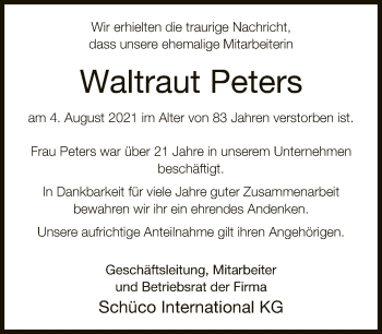 Traueranzeige von Waltraut Peters von Neue Westfälische