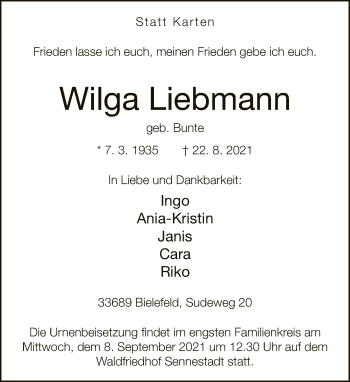 Traueranzeige von Wilga Liebmann von Neue Westfälische