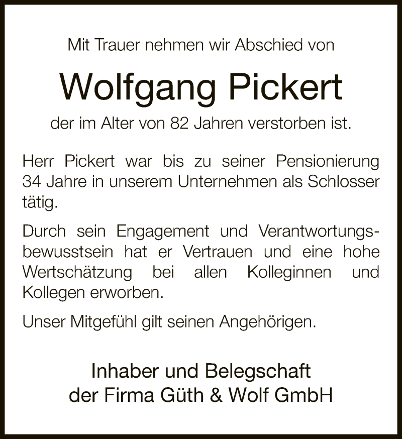  Traueranzeige für Wolfgang Pickert vom 25.08.2021 aus Neue Westfälische