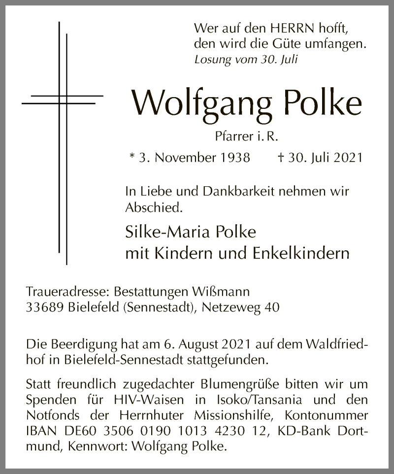  Traueranzeige für Wolfgang Polke vom 07.08.2021 aus Neue Westfälische