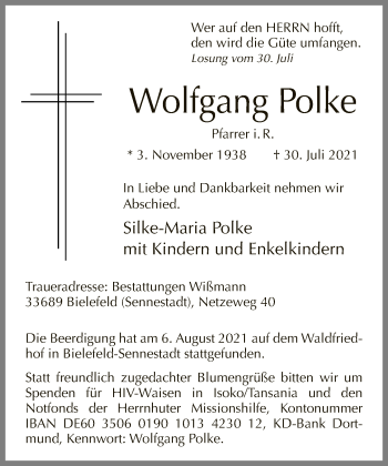 Traueranzeige von Wolfgang Polke von Neue Westfälische