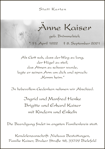 Traueranzeige von Änne Kaiser von Neue Westfälische