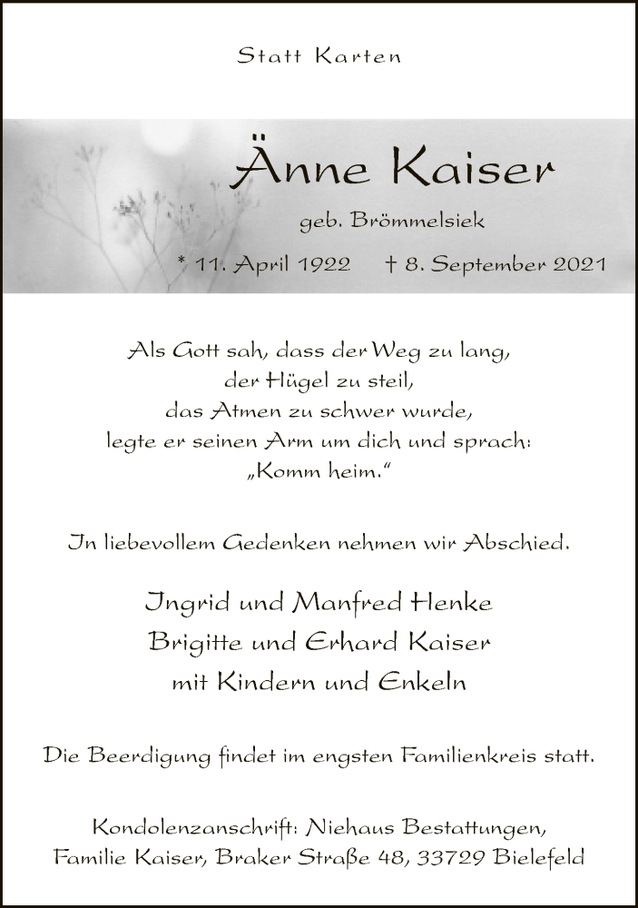  Traueranzeige für Änne Kaiser vom 11.09.2021 aus Neue Westfälische