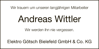 Traueranzeige von Andreas Wittler von Neue Westfälische