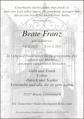 Traueranzeige von Beate Franz von Neue Westfälische