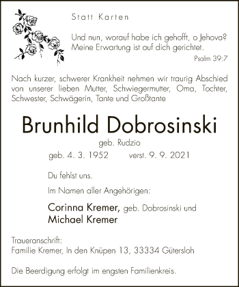 Traueranzeige von Brunhild Dobrosinski von Neue Westfälische