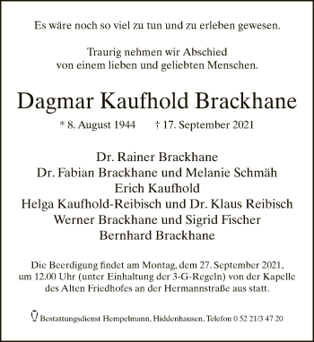 Traueranzeige von Dagmar Kaufhold Brackhane von Neue Westfälische