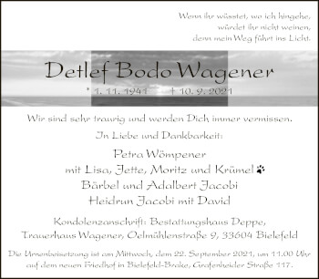 Traueranzeige von Detlef Bodo Wagener von Neue Westfälische