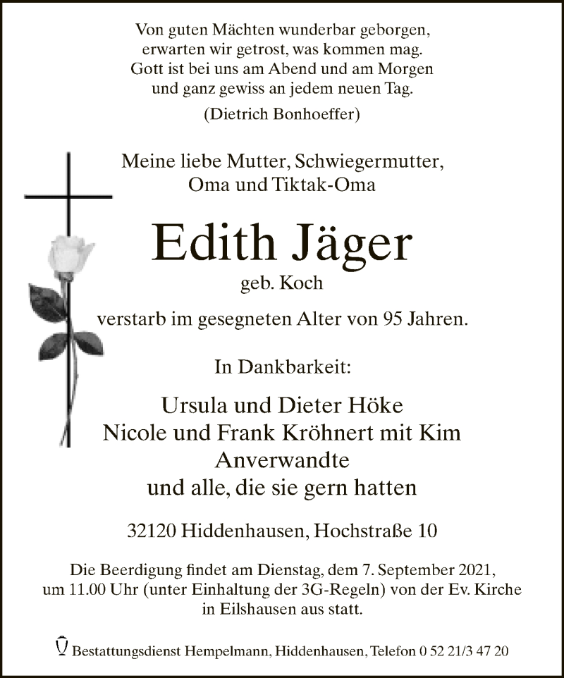  Traueranzeige für Edith Jäger vom 03.09.2021 aus Neue Westfälische