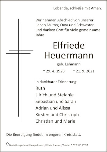 Traueranzeige von Elfriede Heuermann von Neue Westfälische