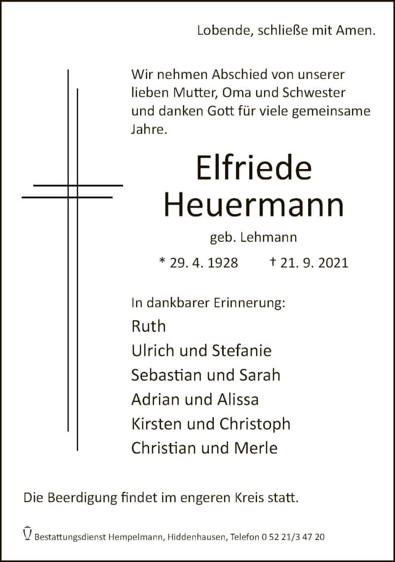  Traueranzeige für Elfriede Heuermann vom 25.09.2021 aus Neue Westfälische