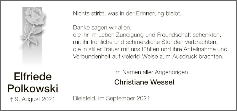 Traueranzeige für Elfriede Polkowski vom 18.09.2021 aus Neue Westfälische