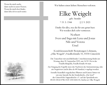 Traueranzeige von Elke Weigelt von Neue Westfälische