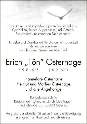 Traueranzeige von Erich Osterhage von Neue Westfälische