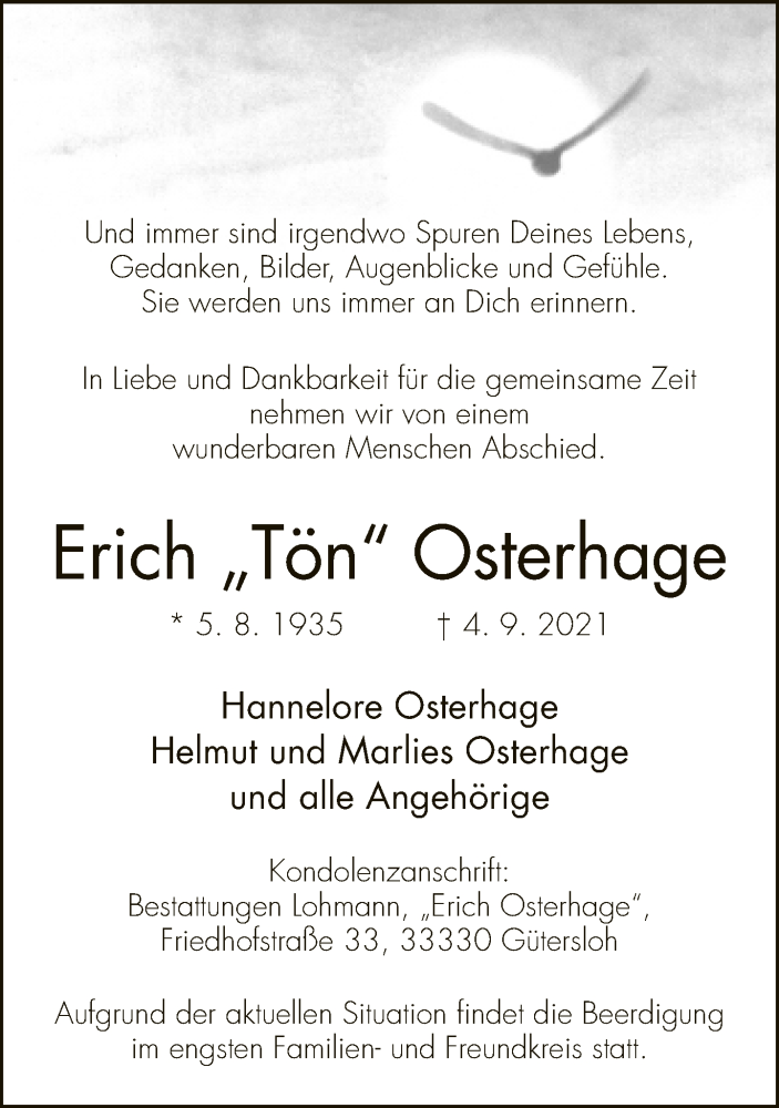  Traueranzeige für Erich Osterhage vom 08.09.2021 aus Neue Westfälische