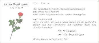 Traueranzeige von Erika Brinkmann von Neue Westfälische