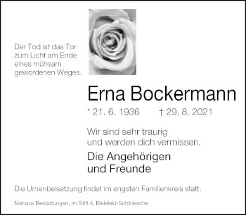 Traueranzeige von Erna Bockermann von Neue Westfälische