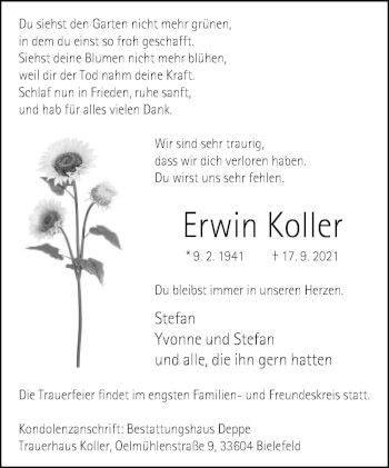 Traueranzeige von Erwin Koller von Neue Westfälische