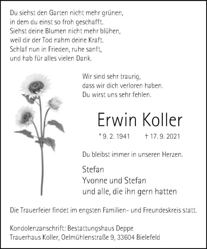  Traueranzeige für Erwin Koller vom 25.09.2021 aus Neue Westfälische