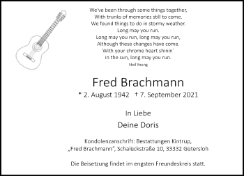 Traueranzeige von Fred Brachmann von Neue Westfälische