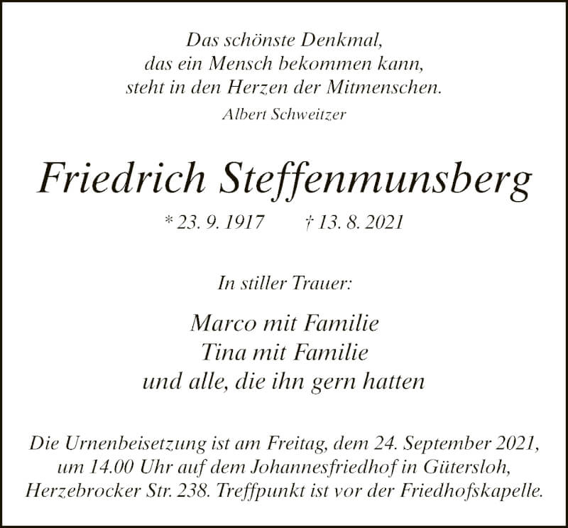  Traueranzeige für Friedrich Steffenmunsberg vom 18.09.2021 aus Neue Westfälische