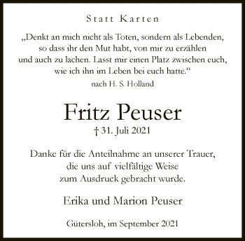 Traueranzeige von Fritz Peuser von Neue Westfälische