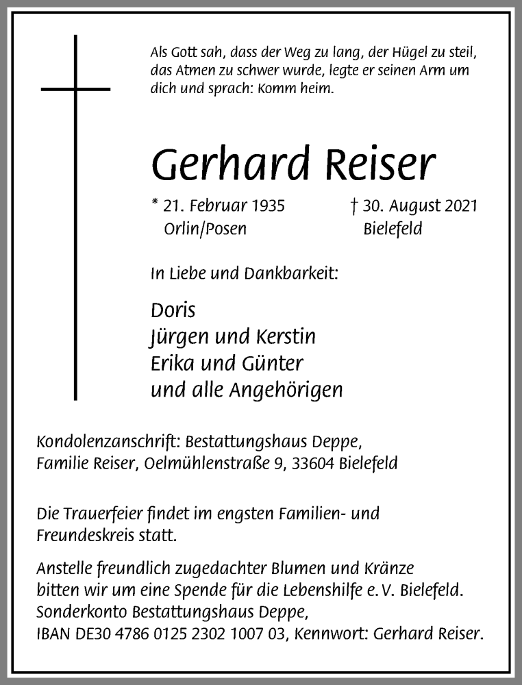  Traueranzeige für Gerhard Reiser vom 04.09.2021 aus Neue Westfälische