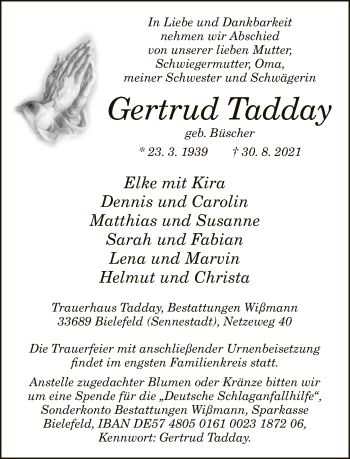 Traueranzeige von Gertrud Tadday von Neue Westfälische