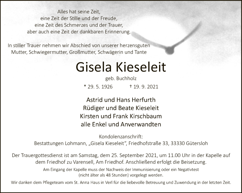  Traueranzeige für Gisela Kieseleit vom 23.09.2021 aus Neue Westfälische