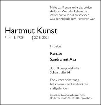Traueranzeige von Hartmut Kunst von Neue Westfälische