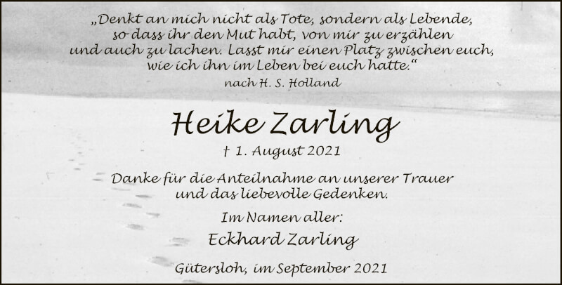  Traueranzeige für Heike Zarling vom 18.09.2021 aus Neue Westfälische