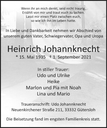 Traueranzeige von Heinrich Johannknecht von Neue Westfälische