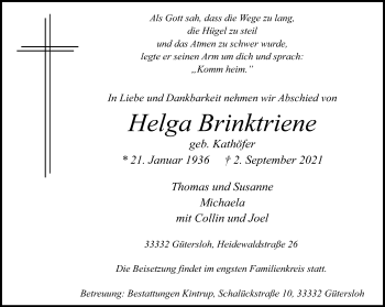 Traueranzeige von Helga Brinktriene von Neue Westfälische