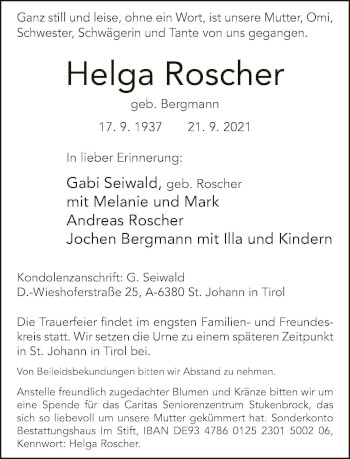 Traueranzeige von Helga Roscher von Neue Westfälische