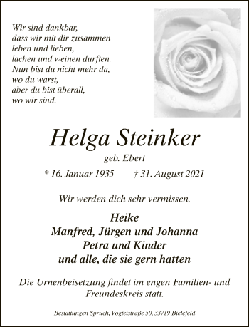 Traueranzeige von Helga Steinker von Neue Westfälische