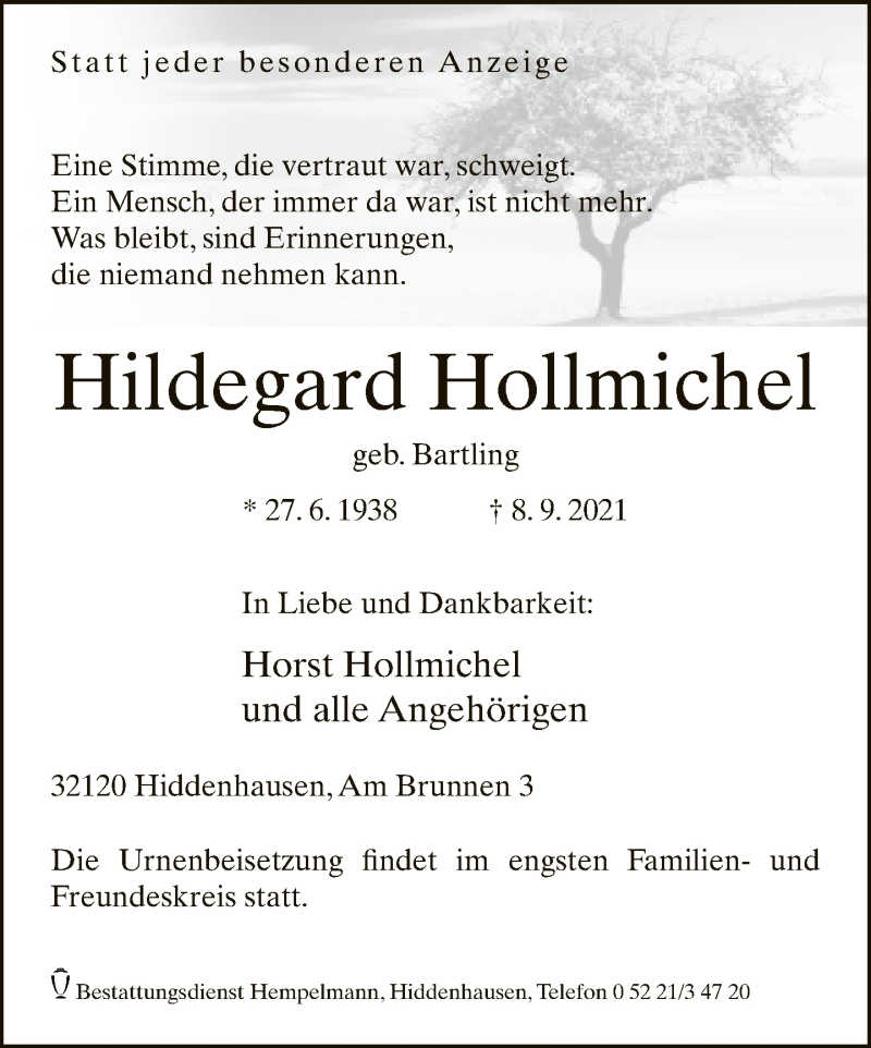  Traueranzeige für Hildegard Hollmichel vom 11.09.2021 aus Neue Westfälische